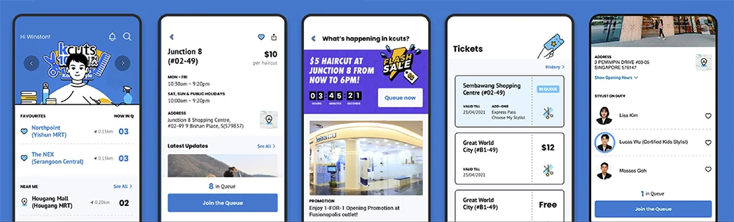 The kcutsGO app showing queue tickets, live queue tracking, deals and stylist selection
